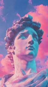 Classical marble statue head rendered in neon sunset sky