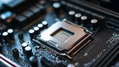 Chrome-lit CPU socket crowns a futuristic digital motherboard.
