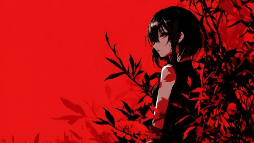 Quiet anime girl in striking red and black forest scene.