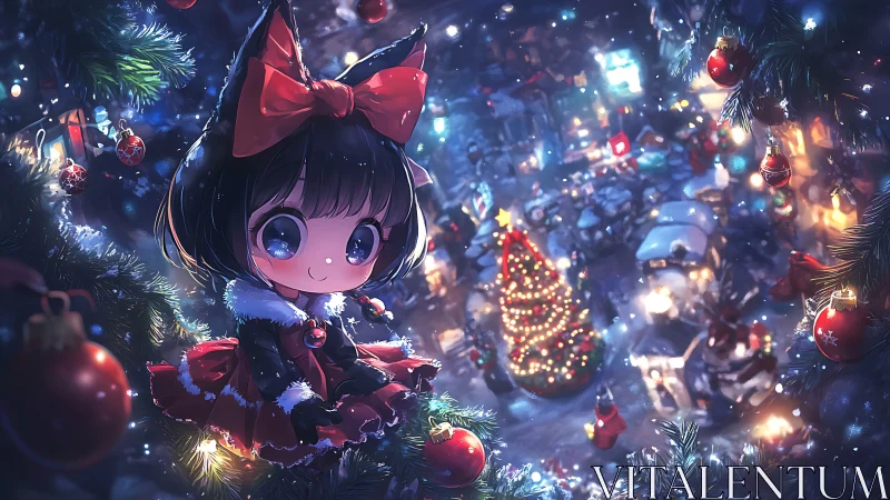 Chibi girl in red dress amid decorated winter townscape.