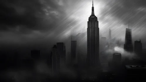 Dark skyscraper skyline stands under heavy diagonal rain