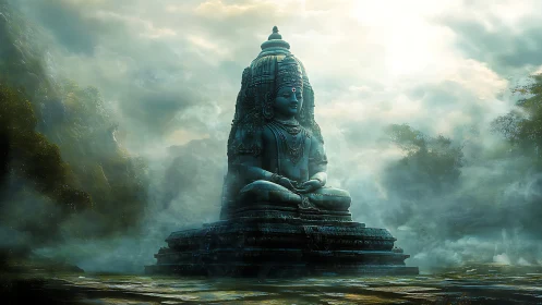 Monolithic multi-faced deity statue in misty jungle valley