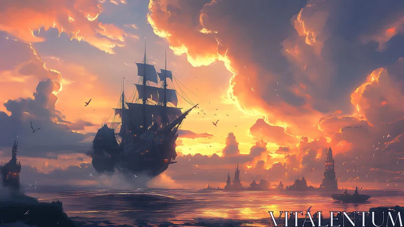 Soaring galleon over radiant sunset fantasy seascape.