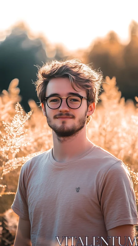 Young man stands in glowing sunset field with gentle confidence