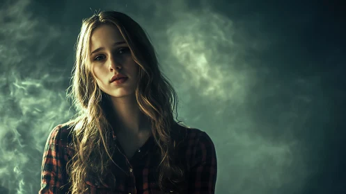 Moody portrait of young woman in plaid amid swirling smoke.