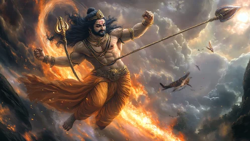 Storm-wreathed warrior god hurls a blazing celestial spear.