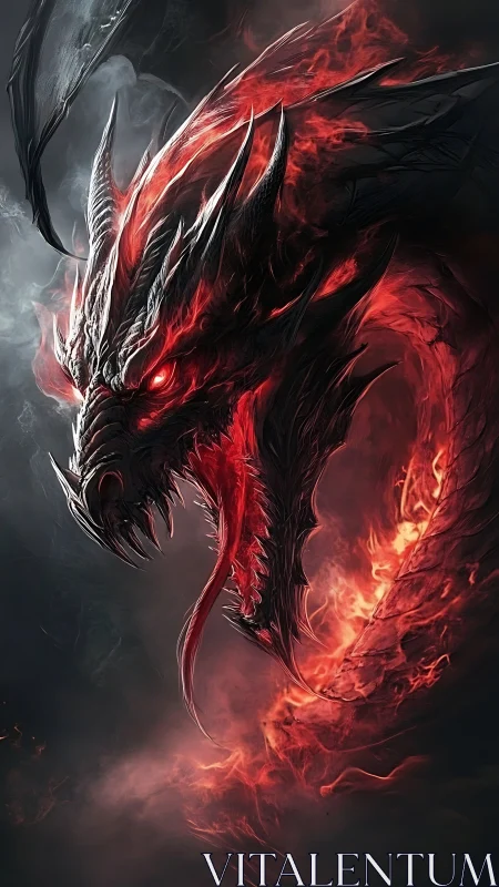 Infernal dragon coils through shadowed smoke and molten flame