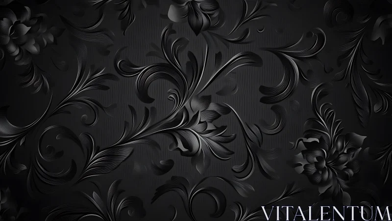Embossed black floral scrollwork forms on dark textured field
