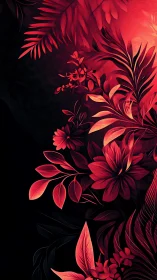 Crimson tropical florals ignite deep black negative space.