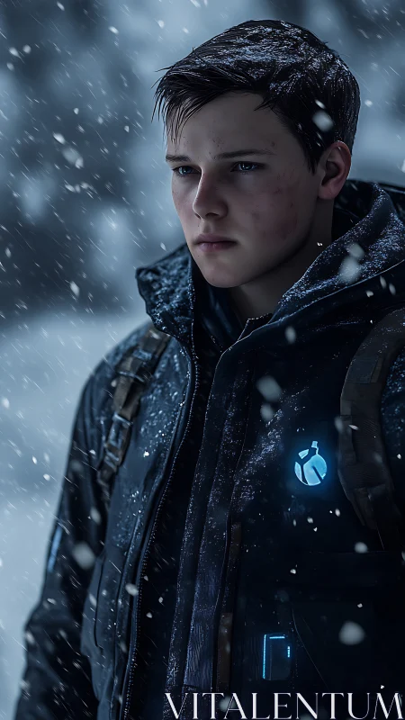 Snowy journey with a determined young traveler in blue light.