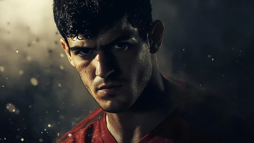 Photorealistic low-key portrait of intense male athlete.