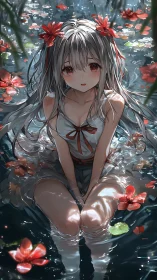 Girl with red eyes sits in shallow water among floating flowers