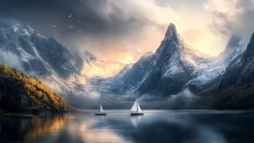 Digital painting of misty alpine fjord with sailboats at dawn.