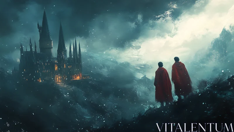 Two cloaked figures behold a glowing castle in misty night.