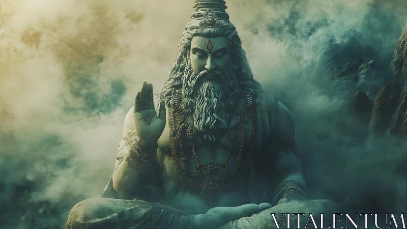 Monumental meditating deity rendered in atmospheric digital chiaroscuro