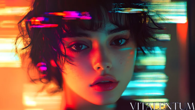 Neon-lit portrait captures freckled face in glitch streaks.