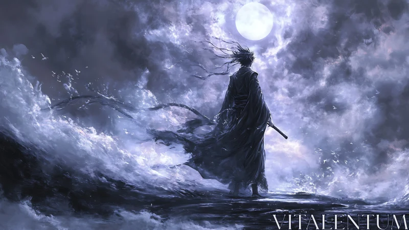 Lone samurai in stormy moonlit surf, ethereal nightscape.