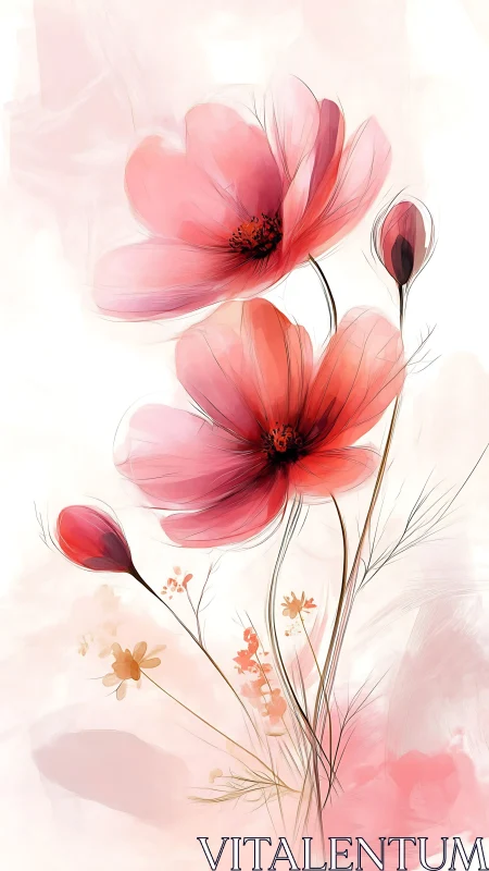 Red and Pink Cosmos Flowers with Buds in Watercolor