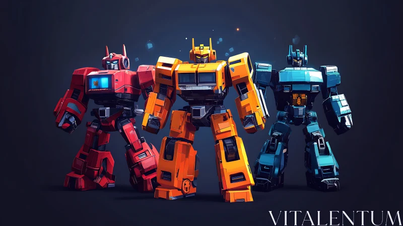 Color-charged battle mechs stand united in neon glow.