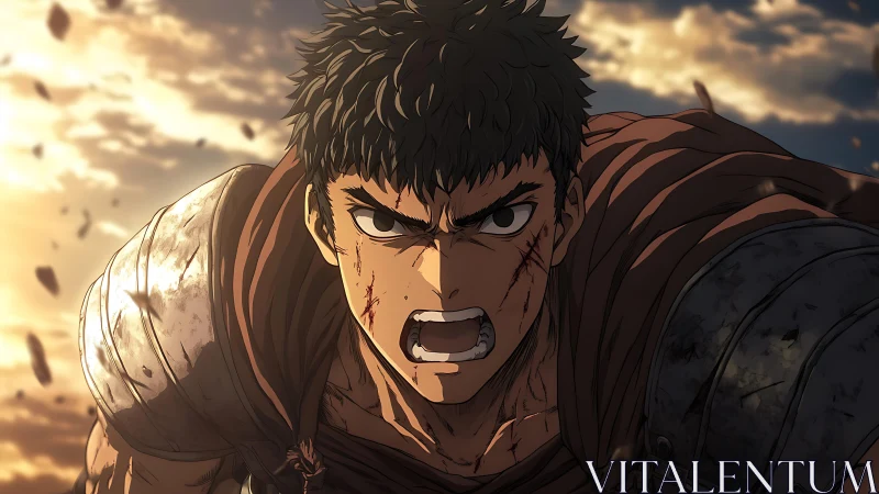 Armored male warrior advances forward under dramatic sky