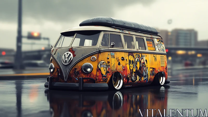 Lowered graffiti-covered VW microbus rendered in rainy urban street