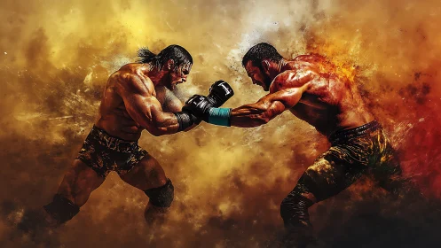 Two shirtless fighters engaged in combat with boxing gloves against explosive fire background.