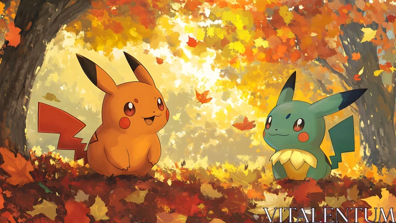 Two Pikachu-like creatures sit in a bright autumn forest