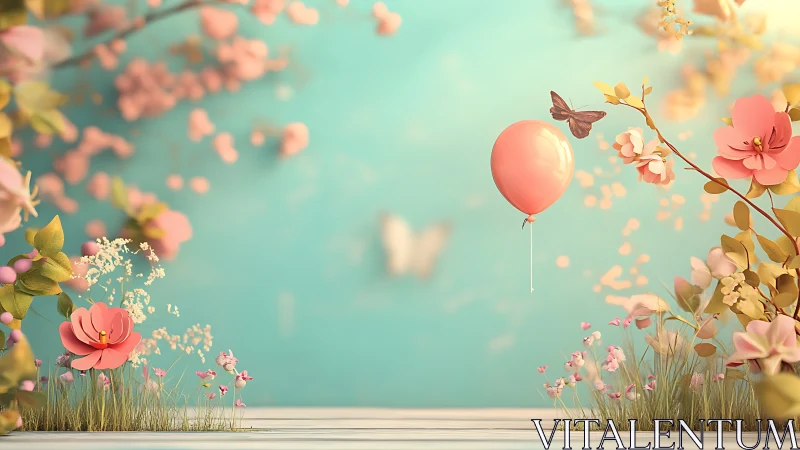 Pink balloon and paper flowers on soft pastel spring field.