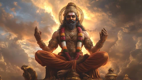 Divine sage meditating above clouds in golden sunset light.