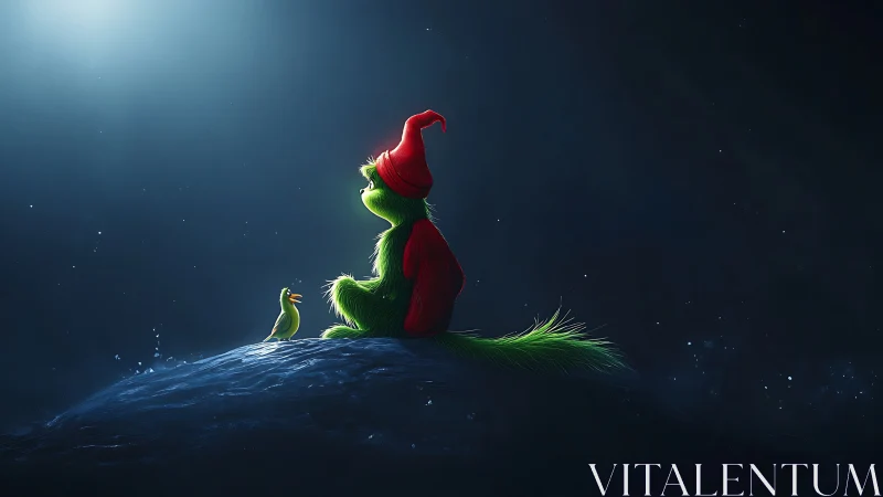 Green furry character in rim-lit night scene with soft volumetrics