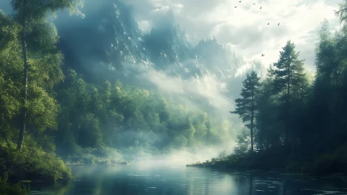Misty Mountain Lake Landscape with Evergreens and Dawn Light