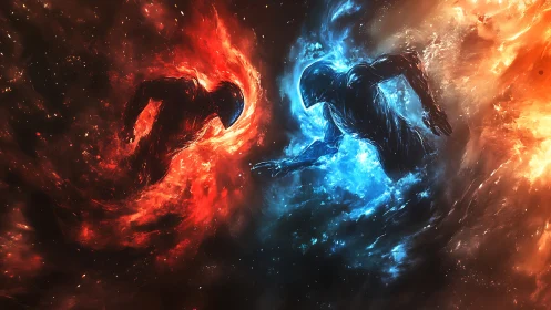 Opposed red and blue humanoid energy forms in space.