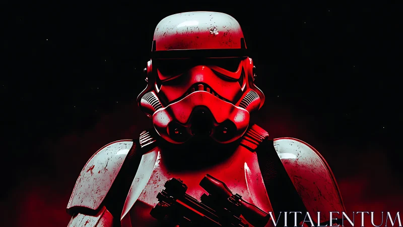 Armored sci-fi trooper stands in crimson cinematic light.