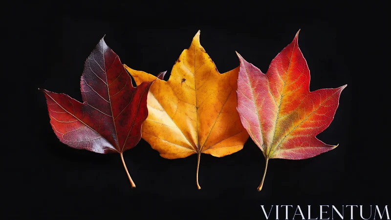 Triadic autumn maple leaves on black minimalist backdrop.