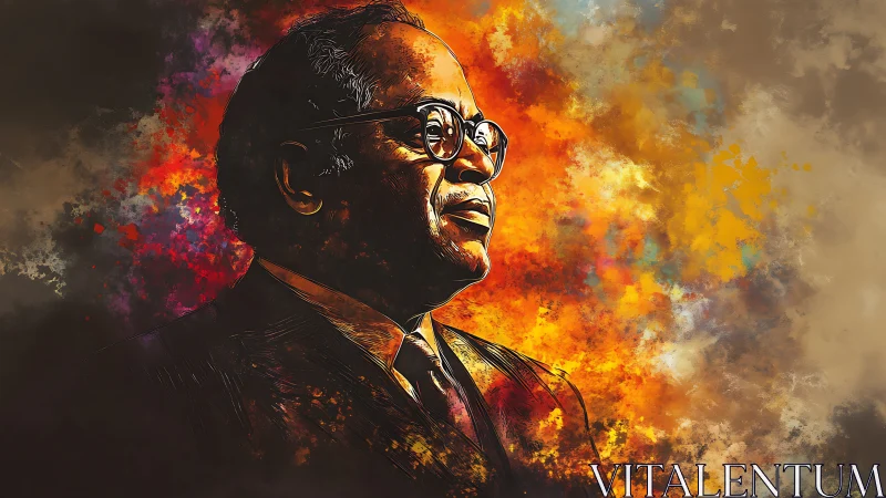 Portrait against fiery abstract sky glows with quiet strength.