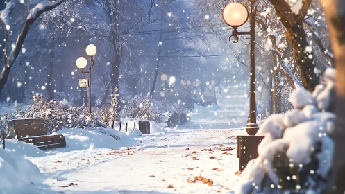 Quiet winter walkway glowing under gentle falling snow.
