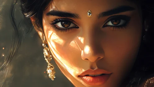 Golden light traces intense gaze on jeweled portrait face