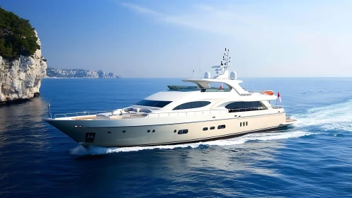 Luxury motor yacht cruising along Mediterranean coastline.