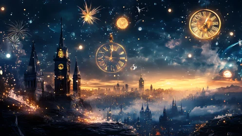 Enchanted steampunk city skyline shimmers under celestial clocks
