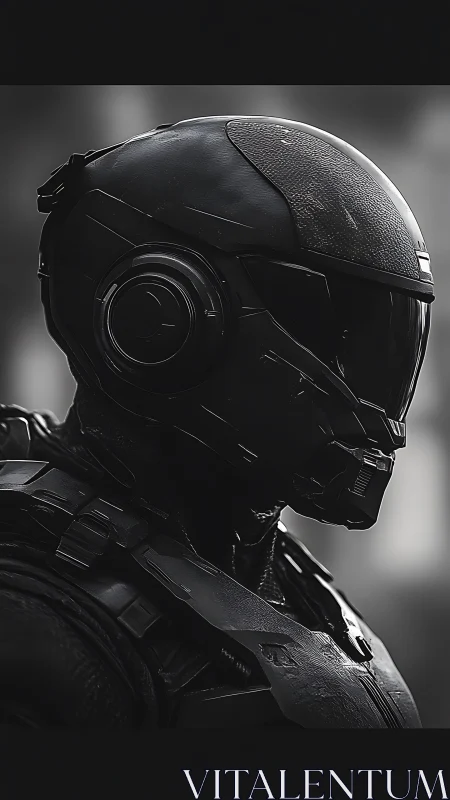 Armored sci-fi soldier stands in profile with sleek helmet.