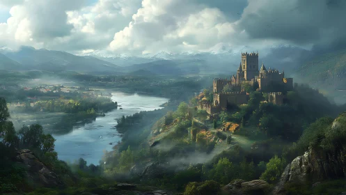 Misty riverside castle resting beneath wide mountain skies.