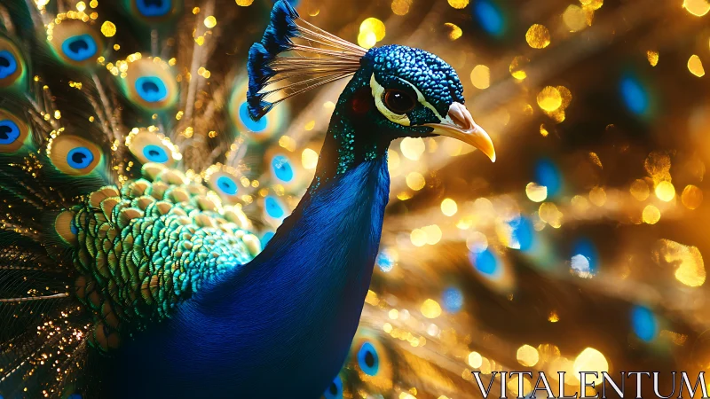 Colorful peacock close-up with spread tail and bokeh lights.