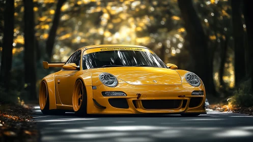 Yellow track-tuned Porsche 911 cuts through forest light.