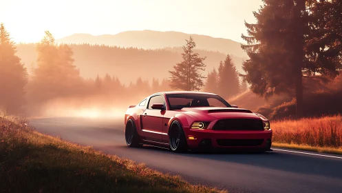 Red sports car on misty forest road at warm sunrise.