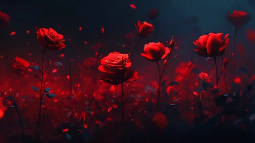 Neon Red Roses Glowing Against Dark Backdrop