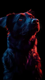 Neon side-lit dog portrait in vivid blue and red light.
