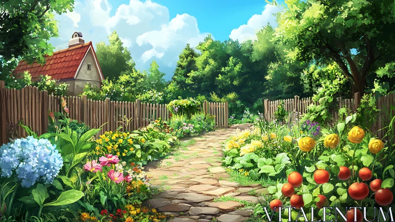 Sunlit garden path meanders toward a storybook cottage home