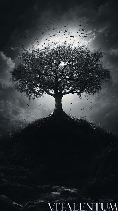 Luminous night tree rises above shadows in a stormy sky