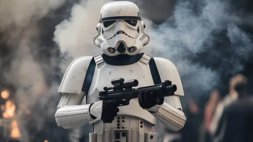 Armored sci-fi soldier stands ready amid drifting smoke.