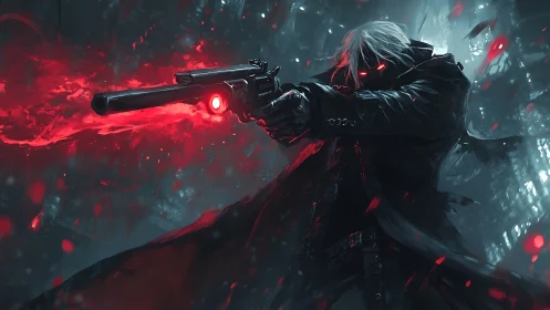 Scarlet-eyed gunslinger carving neon fire through shadowed rain.